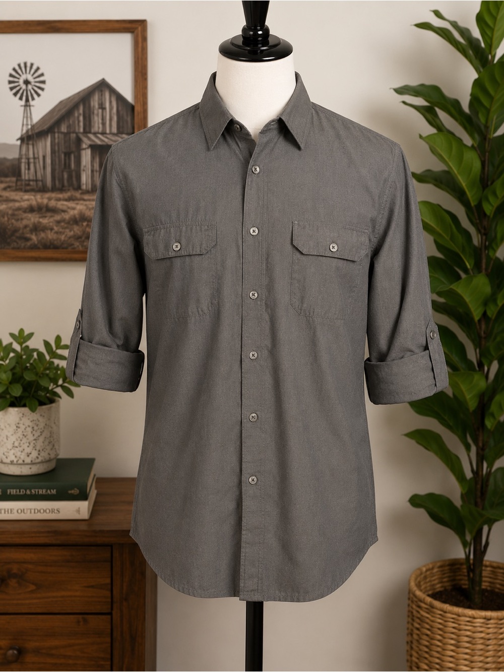 Foundry Supply Co Young Men's Gray Button Front Utility Shirt L 100% Cotton